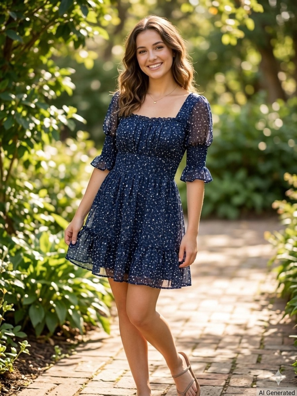 Trixxi Navy Floral Puff Sleeve Smocked Tiered Mini Dress Small